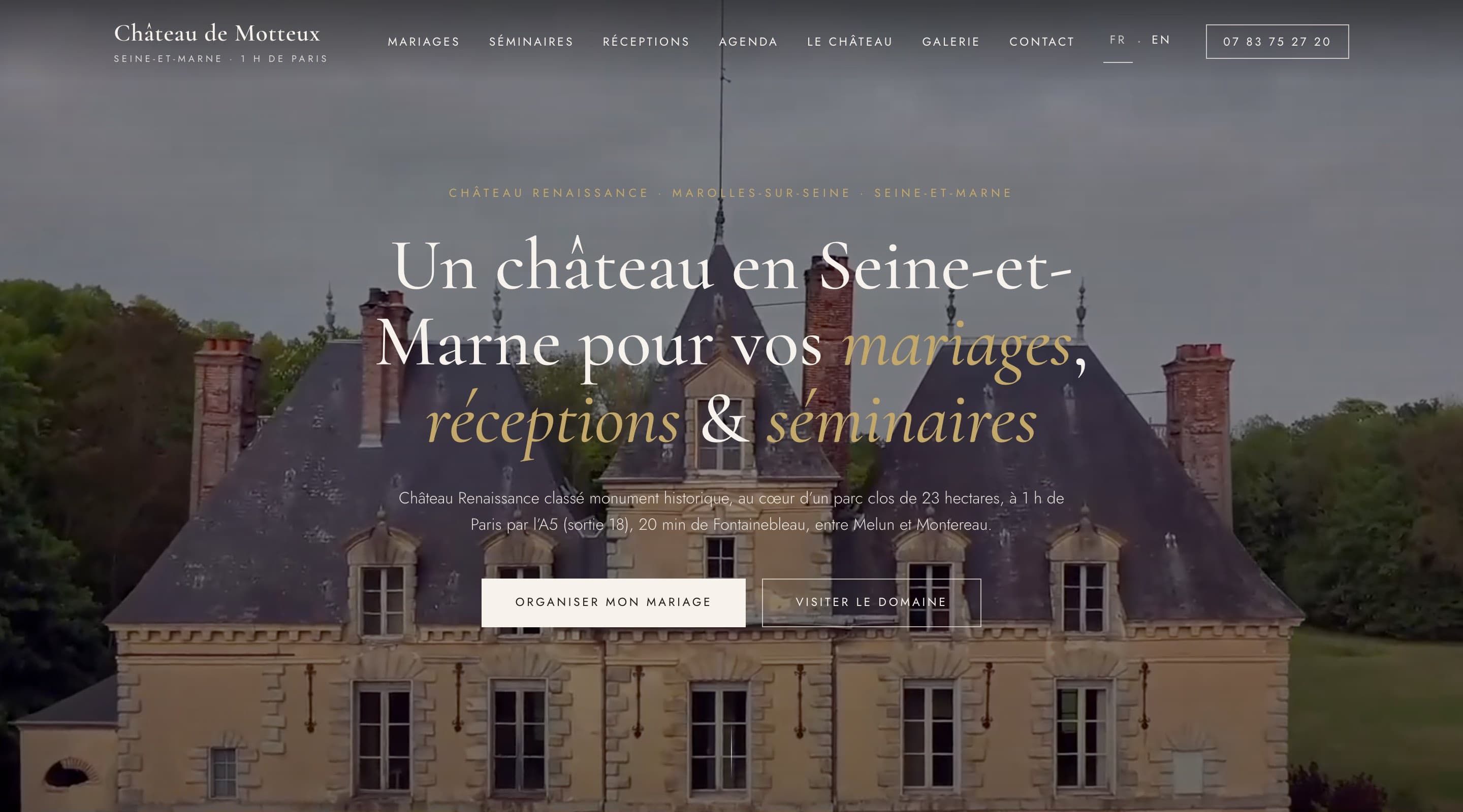 Page d'accueil de chateaudemotteux.com sur ordinateur, octobre 2026