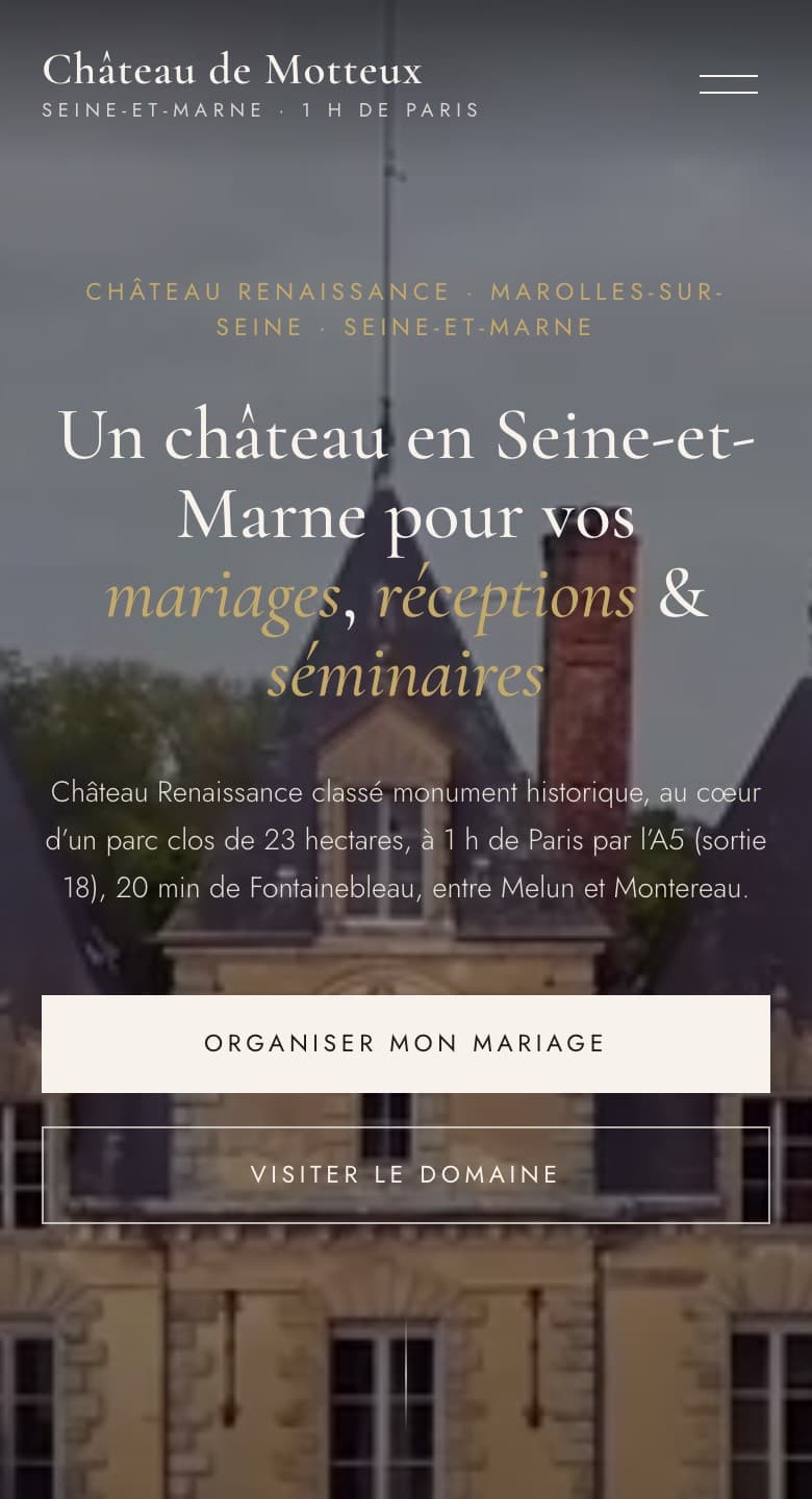 Page d'accueil de chateaudemotteux.com sur mobile, octobre 2026