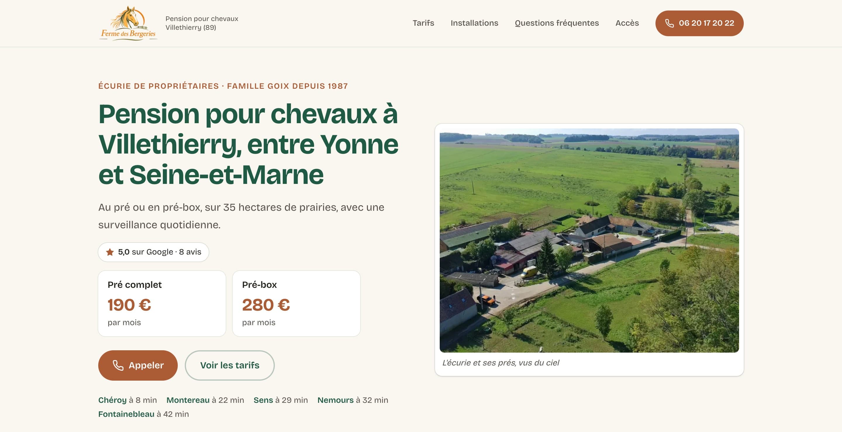 Page d'accueil de fermedesbergeries.fr sur ordinateur, octobre 2026