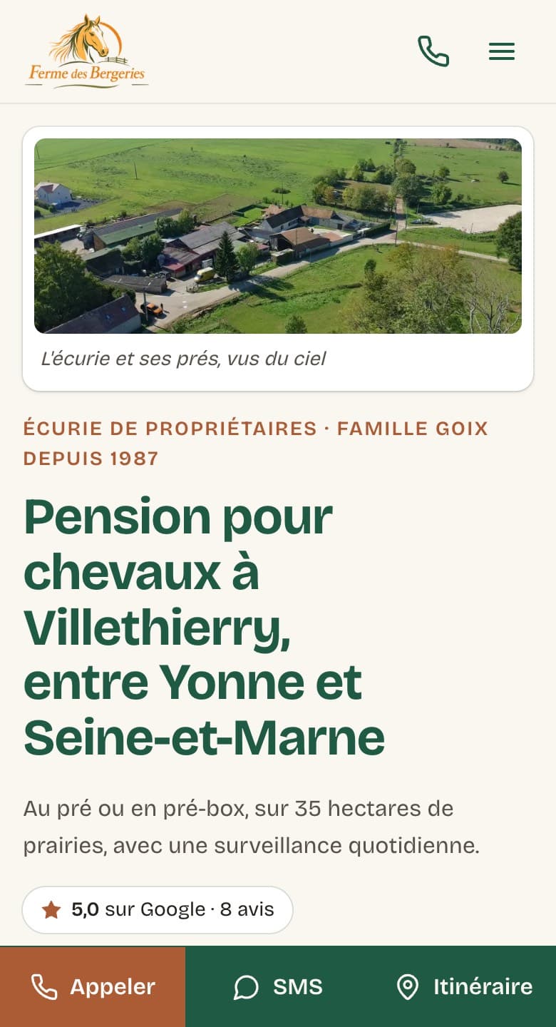 Page d'accueil de fermedesbergeries.fr sur mobile, octobre 2026